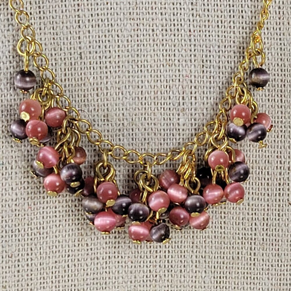 Gold Tone Pink And Purple Moonstone Cluster Charm Necklace 17" Lobster Clasp